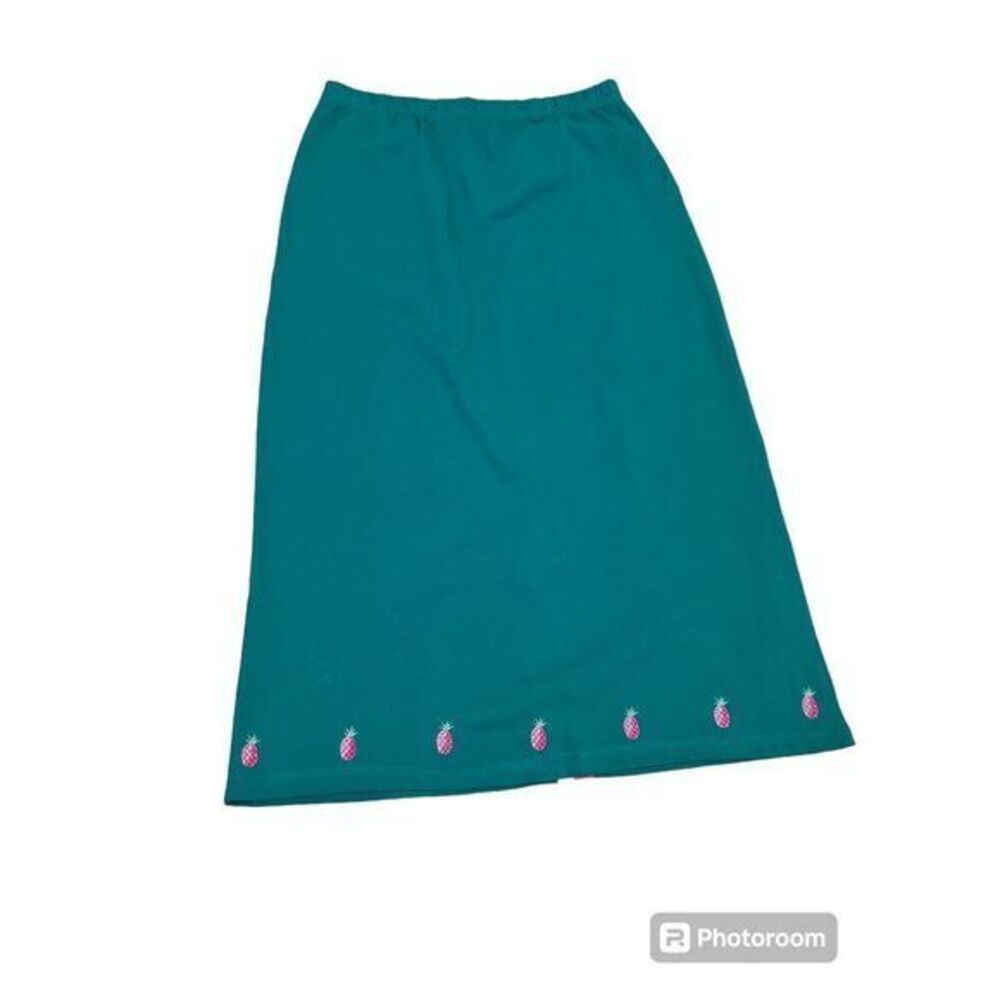 Quacker Factory sz XL‎ kelly green knit maxi skirt pink pineapple embroidery